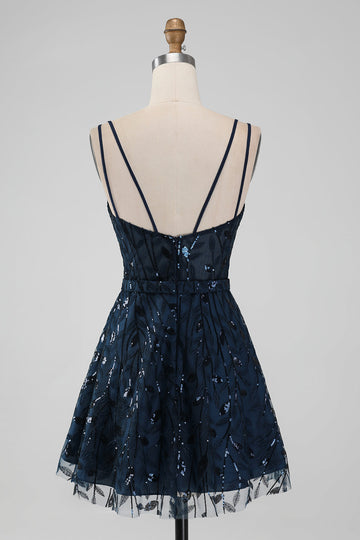 Azul marino Una línea Tirantes de espagueti lentejuelas brillantes Vestido corto de regreso a casa